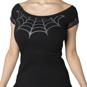 Women's Black Fitted Gray Spiderweb Shoulder Top Tee S-M-L-XL-2XL-3XL NWT